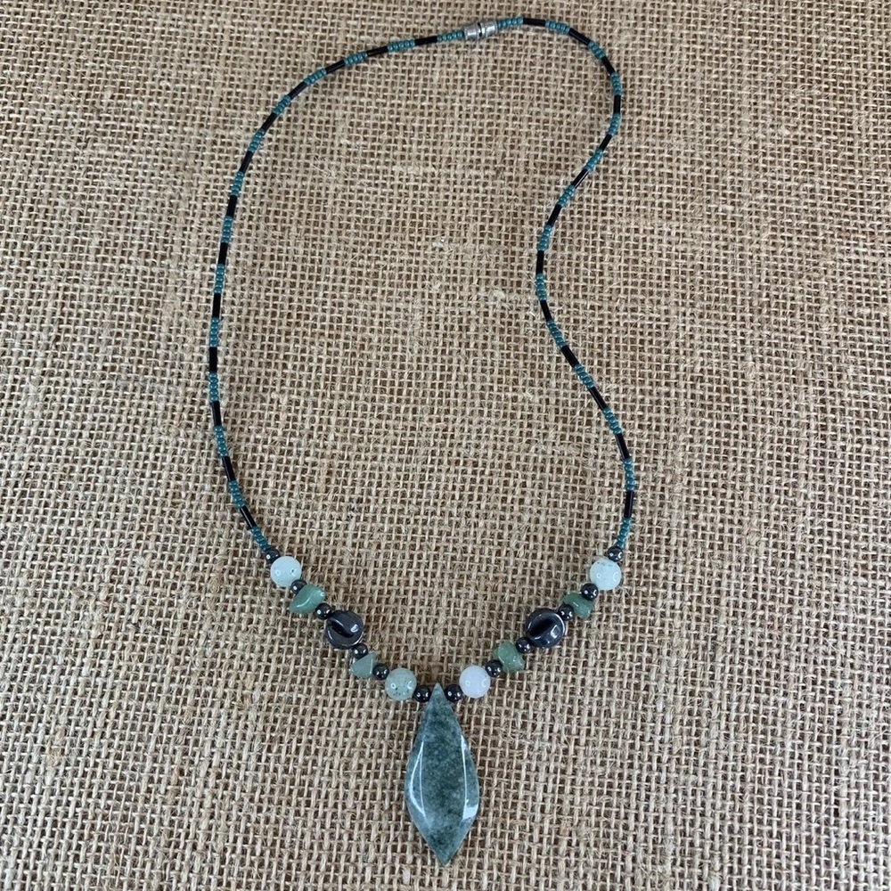 VTG Green Jadeite Pendant Necklace Marquise Hematite Beaded Turquoise Beads 24"
